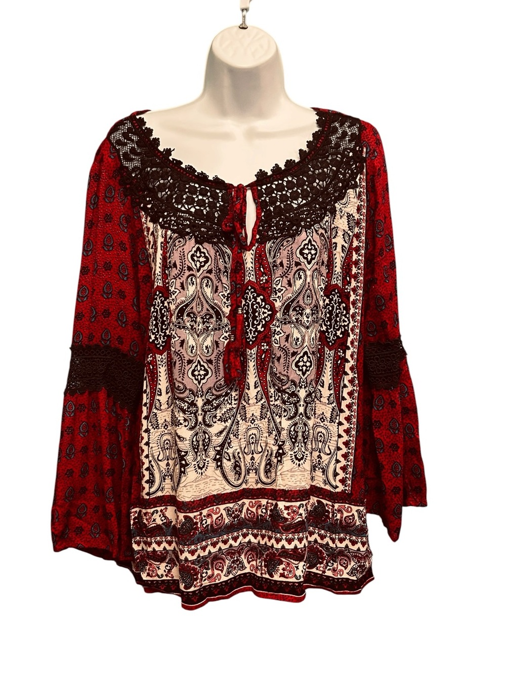 California Moonrise Boho Paisley Lace Blouse Red  Size XS